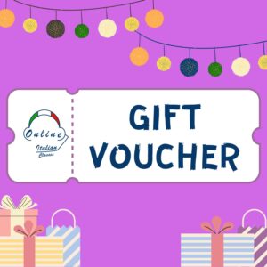 Gift voucher for online Italian classes. in the picture there's a ticket with an Italian flag with a festive background.