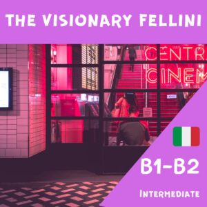 the online course title with the level B1-B2 and the Italian flag on a pinkish background, the photo of a cinema entrance.