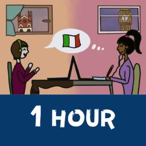 1 hour online italian classes - two ladies speaking via video call with different backgrounds on their windows. There's a speaking cloud with an Italian flag in between them.